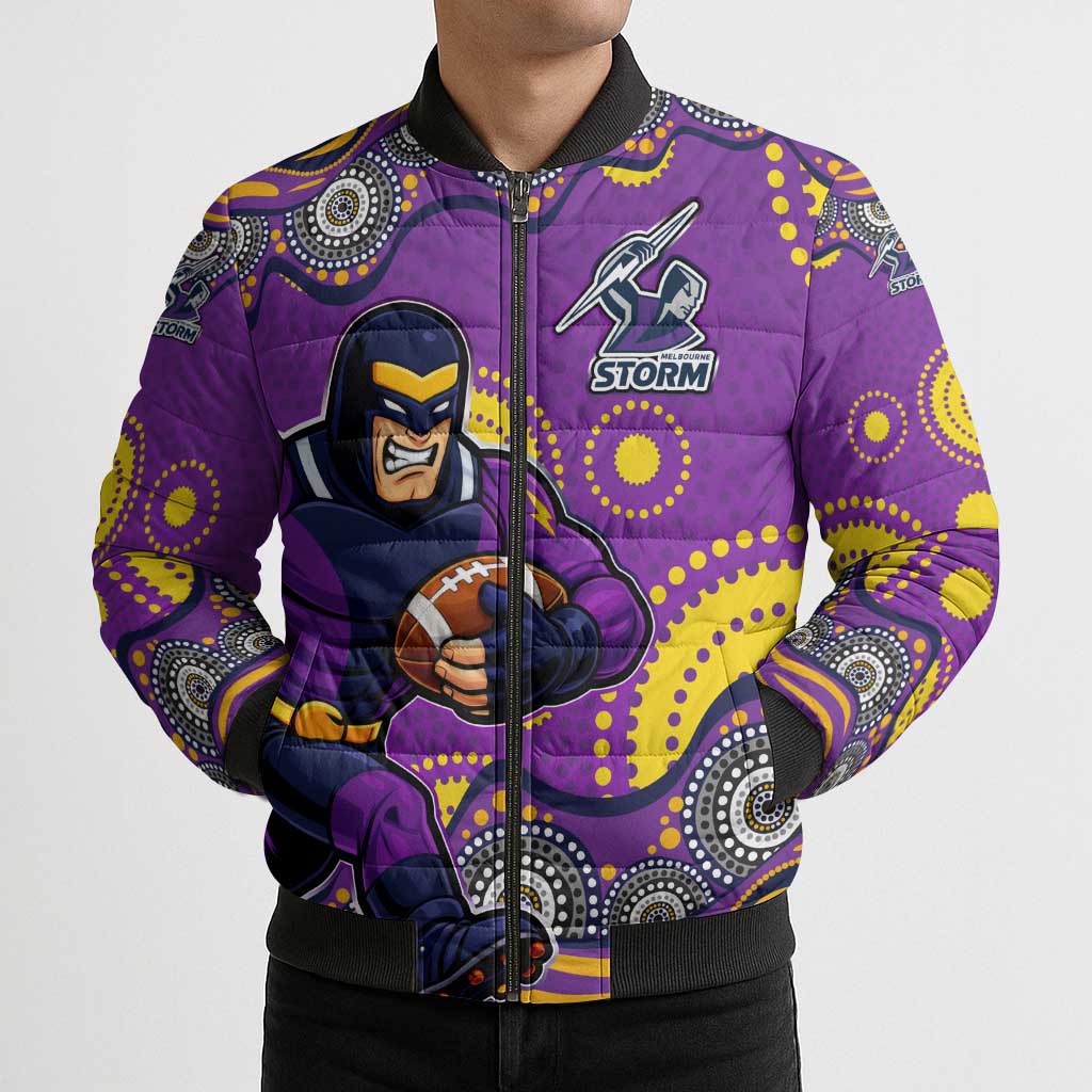 Melbourne Storm Bomber Puffer Jacket Aboriginal Dot Pattern - Rugby Mascot Heritage Pride