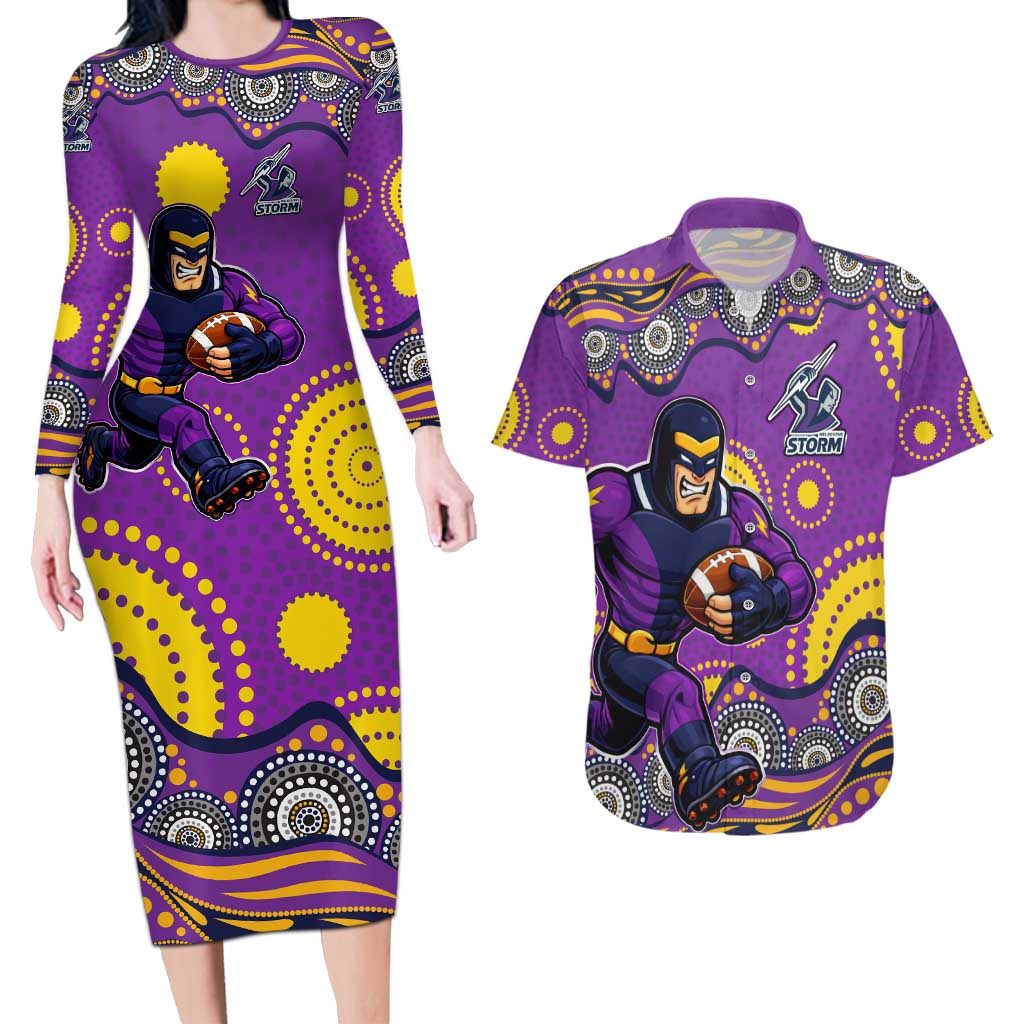 Melbourne Storm Couples Matching Long Sleeve Bodycon Dress and Hawaiian Shirt Aboriginal Dot Pattern - Rugby Mascot Heritage Pride