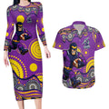 Melbourne Storm Couples Matching Long Sleeve Bodycon Dress and Hawaiian Shirt Aboriginal Dot Pattern - Rugby Mascot Heritage Pride