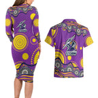 Melbourne Storm Couples Matching Long Sleeve Bodycon Dress and Hawaiian Shirt Aboriginal Dot Pattern - Rugby Mascot Heritage Pride