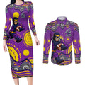 Melbourne Storm Couples Matching Long Sleeve Bodycon Dress and Long Sleeve Button Shirt Aboriginal Dot Pattern - Rugby Mascot Heritage Pride