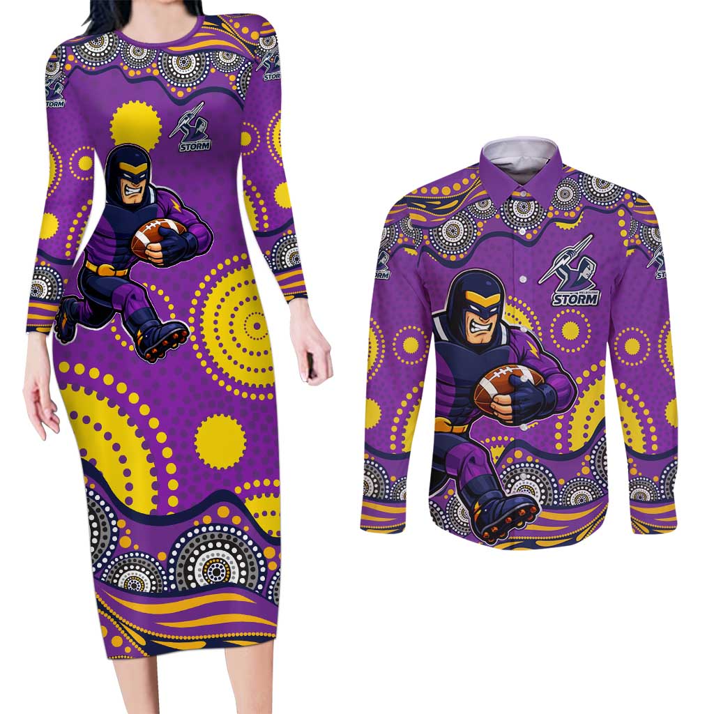 Melbourne Storm Couples Matching Long Sleeve Bodycon Dress and Long Sleeve Button Shirt Aboriginal Dot Pattern - Rugby Mascot Heritage Pride
