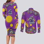 Melbourne Storm Couples Matching Long Sleeve Bodycon Dress and Long Sleeve Button Shirt Aboriginal Dot Pattern - Rugby Mascot Heritage Pride