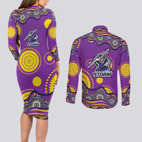 Melbourne Storm Couples Matching Long Sleeve Bodycon Dress and Long Sleeve Button Shirt Aboriginal Dot Pattern - Rugby Mascot Heritage Pride