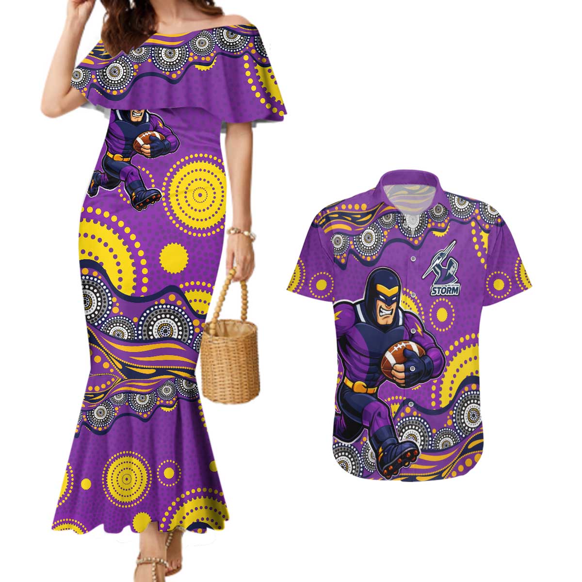 Melbourne Storm Couples Matching Mermaid Dress and Hawaiian Shirt Aboriginal Dot Pattern - Rugby Mascot Heritage Pride