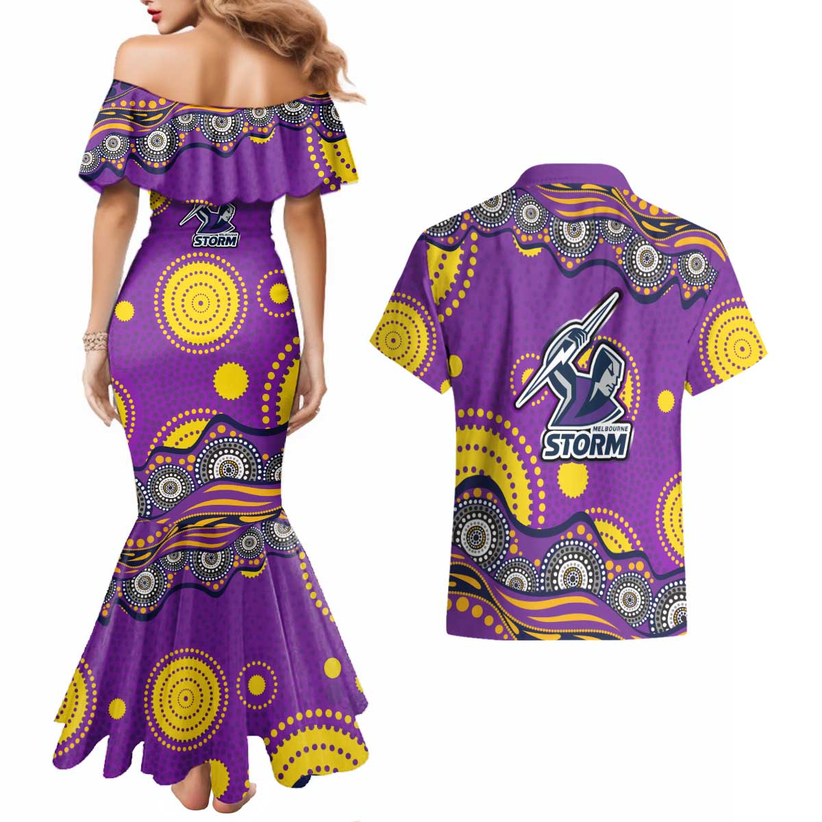 Melbourne Storm Couples Matching Mermaid Dress and Hawaiian Shirt Aboriginal Dot Pattern - Rugby Mascot Heritage Pride