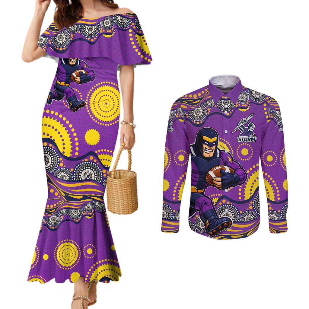 Melbourne Storm Couples Matching Mermaid Dress and Long Sleeve Button Shirt Aboriginal Dot Pattern - Rugby Mascot Heritage Pride