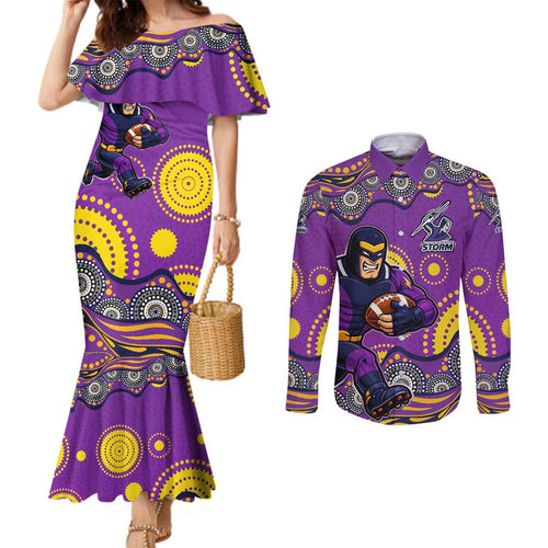 Melbourne Storm Couples Matching Mermaid Dress and Long Sleeve Button Shirt Aboriginal Dot Pattern - Rugby Mascot Heritage Pride