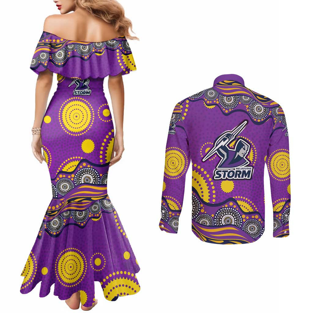 Melbourne Storm Couples Matching Mermaid Dress and Long Sleeve Button Shirt Aboriginal Dot Pattern - Rugby Mascot Heritage Pride