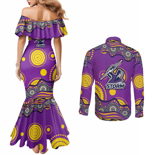 Melbourne Storm Couples Matching Mermaid Dress and Long Sleeve Button Shirt Aboriginal Dot Pattern - Rugby Mascot Heritage Pride
