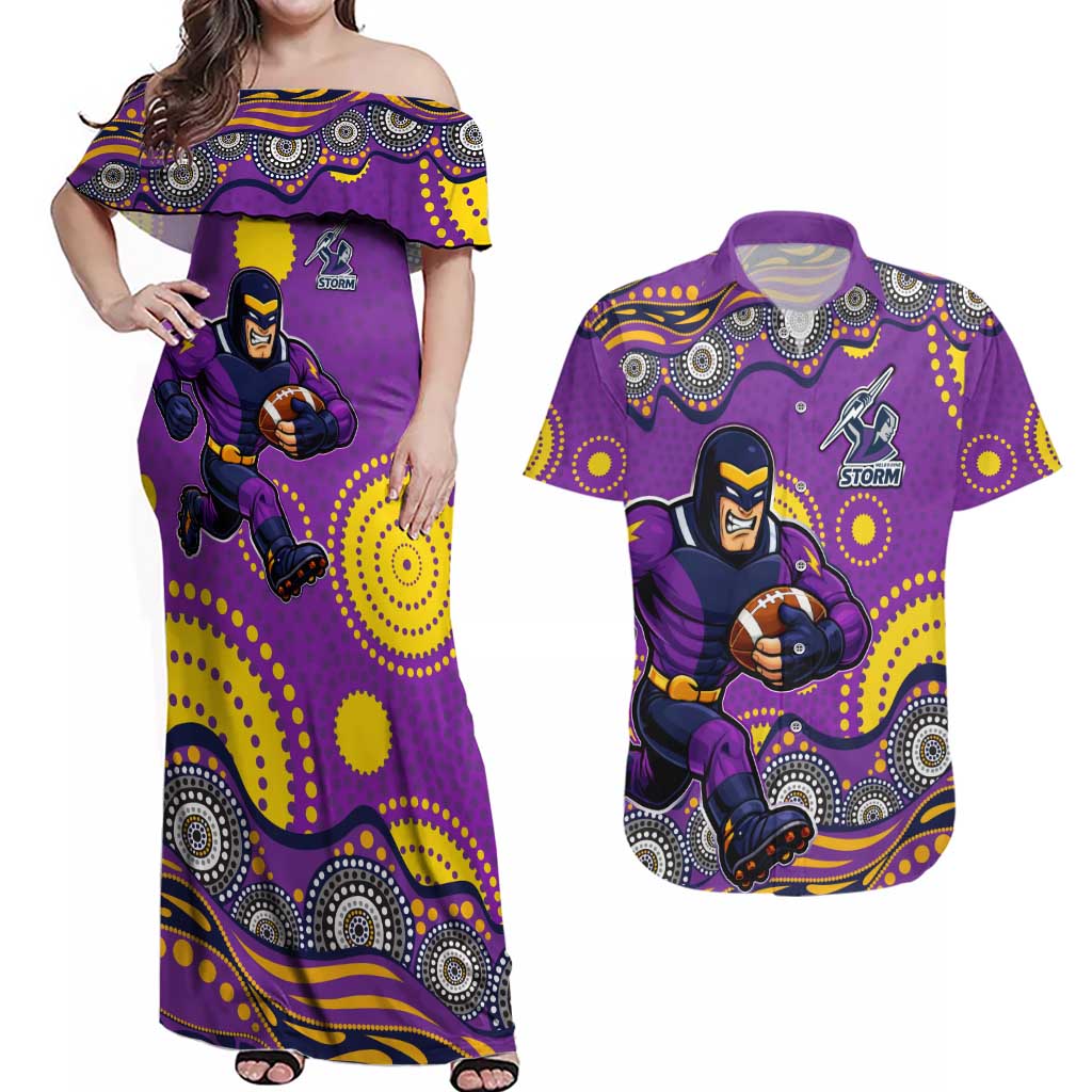 Melbourne Storm Couples Matching Off Shoulder Maxi Dress and Hawaiian Shirt Aboriginal Dot Pattern - Rugby Mascot Heritage Pride