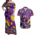 Melbourne Storm Couples Matching Off Shoulder Maxi Dress and Hawaiian Shirt Aboriginal Dot Pattern - Rugby Mascot Heritage Pride