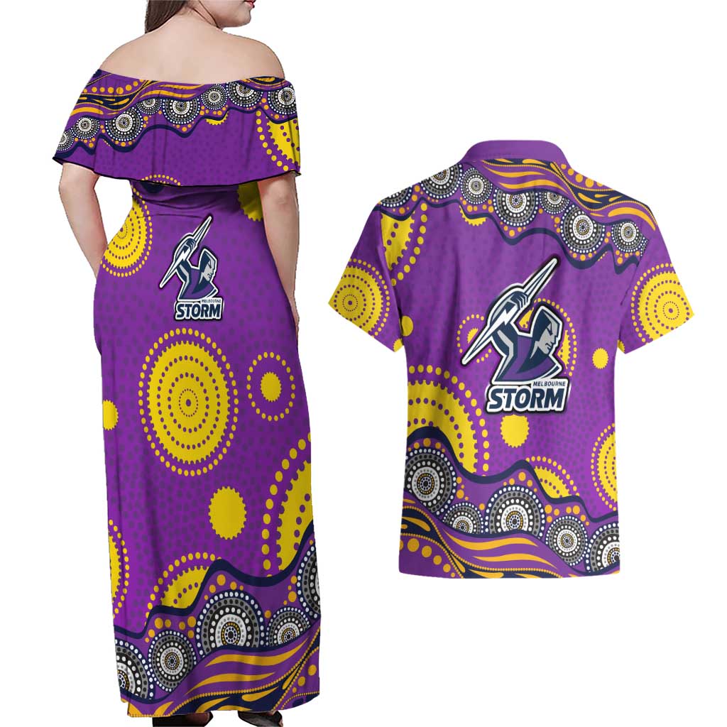 Melbourne Storm Couples Matching Off Shoulder Maxi Dress and Hawaiian Shirt Aboriginal Dot Pattern - Rugby Mascot Heritage Pride
