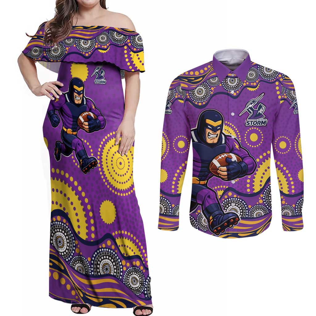 Melbourne Storm Couples Matching Off Shoulder Maxi Dress and Long Sleeve Button Shirt Aboriginal Dot Pattern - Rugby Mascot Heritage Pride