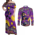 Melbourne Storm Couples Matching Off Shoulder Maxi Dress and Long Sleeve Button Shirt Aboriginal Dot Pattern - Rugby Mascot Heritage Pride