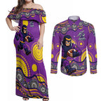 Melbourne Storm Couples Matching Off Shoulder Maxi Dress and Long Sleeve Button Shirt Aboriginal Dot Pattern - Rugby Mascot Heritage Pride