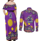 Melbourne Storm Couples Matching Off Shoulder Maxi Dress and Long Sleeve Button Shirt Aboriginal Dot Pattern - Rugby Mascot Heritage Pride