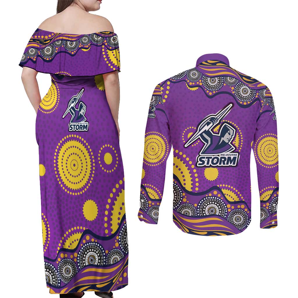 Melbourne Storm Couples Matching Off Shoulder Maxi Dress and Long Sleeve Button Shirt Aboriginal Dot Pattern - Rugby Mascot Heritage Pride