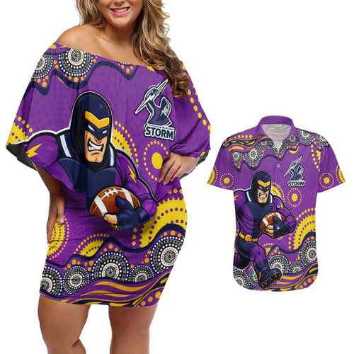 Melbourne Storm Couples Matching Off Shoulder Short Dress and Hawaiian Shirt Aboriginal Dot Pattern - Rugby Mascot Heritage Pride