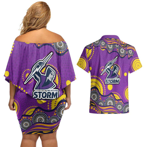 Melbourne Storm Couples Matching Off Shoulder Short Dress and Hawaiian Shirt Aboriginal Dot Pattern - Rugby Mascot Heritage Pride
