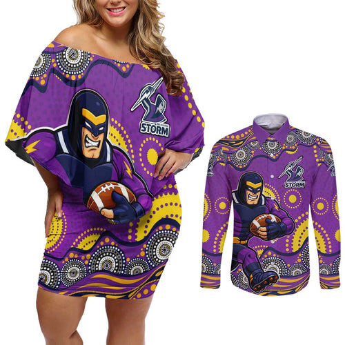 Melbourne Storm Couples Matching Off Shoulder Short Dress and Long Sleeve Button Shirt Aboriginal Dot Pattern - Rugby Mascot Heritage Pride
