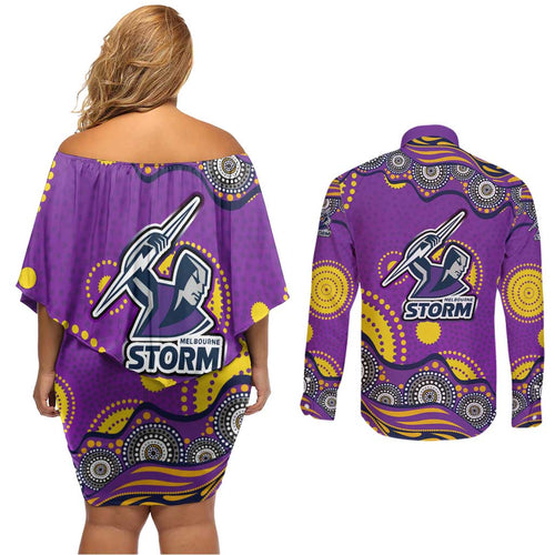 Melbourne Storm Couples Matching Off Shoulder Short Dress and Long Sleeve Button Shirt Aboriginal Dot Pattern - Rugby Mascot Heritage Pride