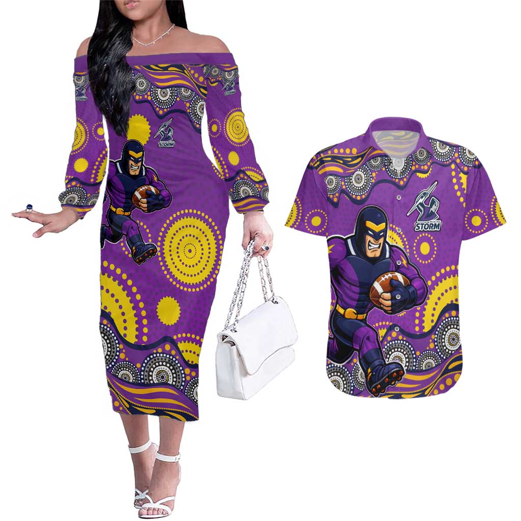 Melbourne Storm Couples Matching Off The Shoulder Long Sleeve Dress and Hawaiian Shirt Aboriginal Dot Pattern - Rugby Mascot Heritage Pride