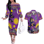 Melbourne Storm Couples Matching Off The Shoulder Long Sleeve Dress and Hawaiian Shirt Aboriginal Dot Pattern - Rugby Mascot Heritage Pride
