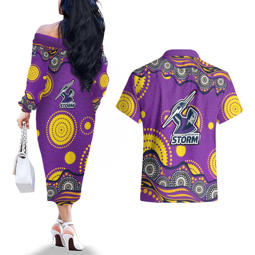 Melbourne Storm Couples Matching Off The Shoulder Long Sleeve Dress and Hawaiian Shirt Aboriginal Dot Pattern - Rugby Mascot Heritage Pride