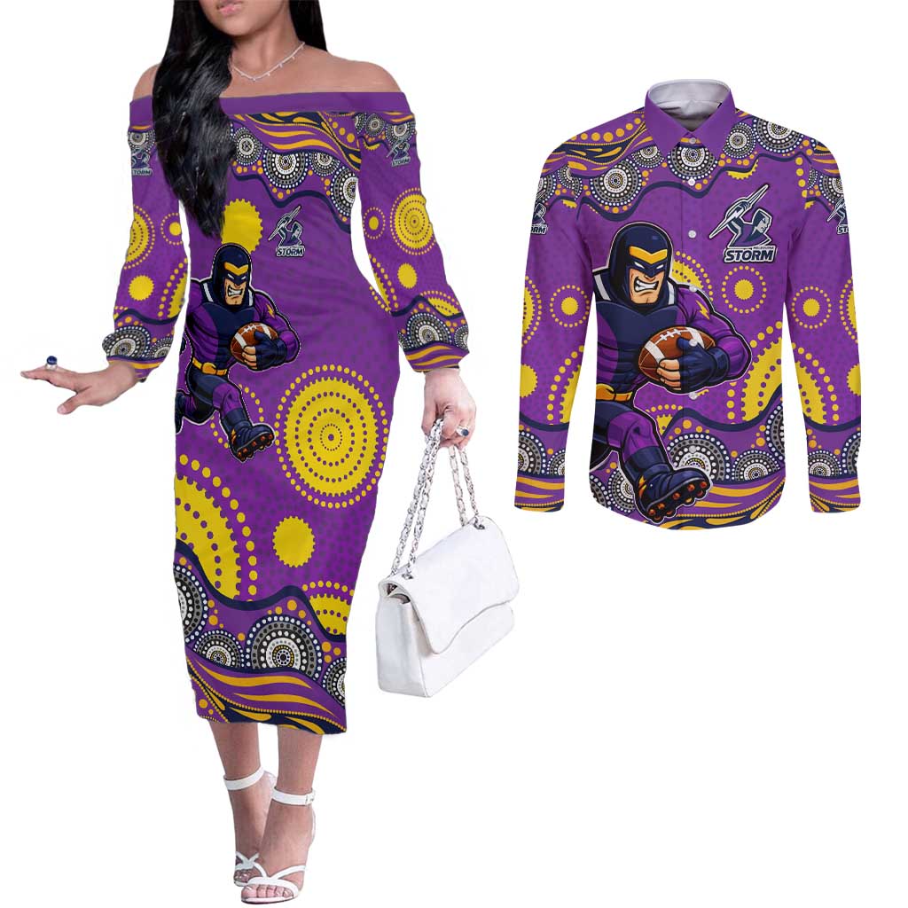 Melbourne Storm Couples Matching Off The Shoulder Long Sleeve Dress and Long Sleeve Button Shirt Aboriginal Dot Pattern - Rugby Mascot Heritage Pride