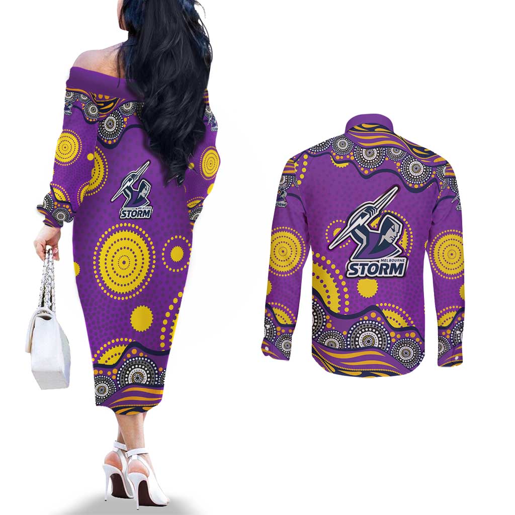 Melbourne Storm Couples Matching Off The Shoulder Long Sleeve Dress and Long Sleeve Button Shirt Aboriginal Dot Pattern - Rugby Mascot Heritage Pride