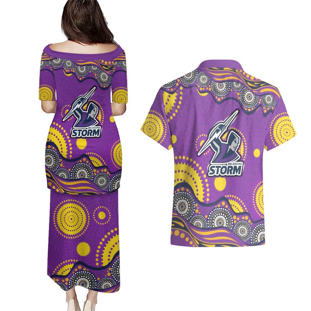 Melbourne Storm Couples Matching Puletasi and Hawaiian Shirt Aboriginal Dot Pattern - Rugby Mascot Heritage Pride