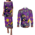 Melbourne Storm Couples Matching Puletasi and Long Sleeve Button Shirt Aboriginal Dot Pattern - Rugby Mascot Heritage Pride