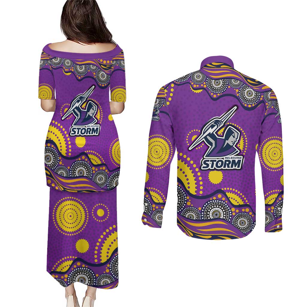 Melbourne Storm Couples Matching Puletasi and Long Sleeve Button Shirt Aboriginal Dot Pattern - Rugby Mascot Heritage Pride