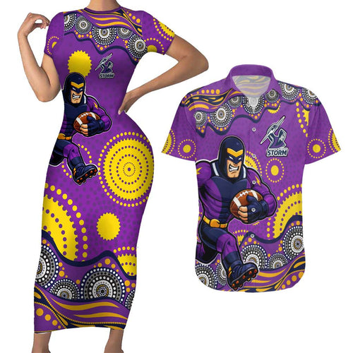 Melbourne Storm Couples Matching Short Sleeve Bodycon Dress and Hawaiian Shirt Aboriginal Dot Pattern - Rugby Mascot Heritage Pride