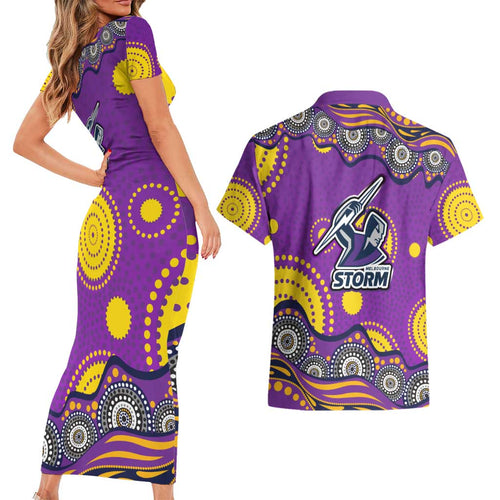 Melbourne Storm Couples Matching Short Sleeve Bodycon Dress and Hawaiian Shirt Aboriginal Dot Pattern - Rugby Mascot Heritage Pride