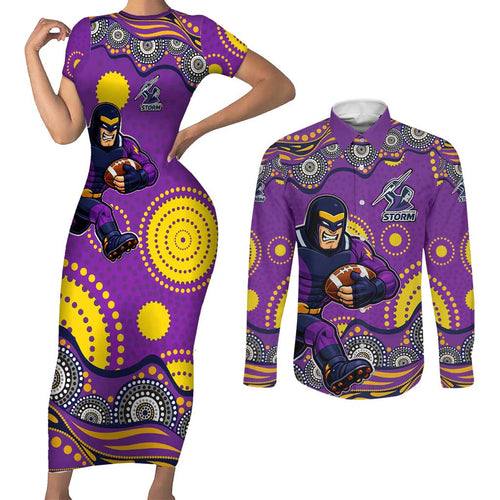 Melbourne Storm Couples Matching Short Sleeve Bodycon Dress and Long Sleeve Button Shirt Aboriginal Dot Pattern - Rugby Mascot Heritage Pride