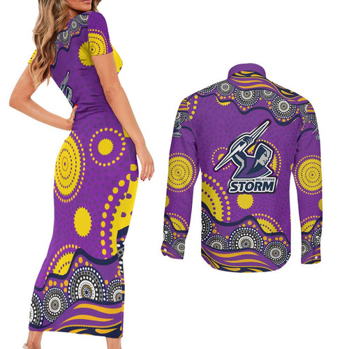 Melbourne Storm Couples Matching Short Sleeve Bodycon Dress and Long Sleeve Button Shirt Aboriginal Dot Pattern - Rugby Mascot Heritage Pride