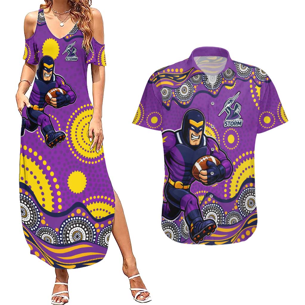Melbourne Storm Couples Matching Summer Maxi Dress and Hawaiian Shirt Aboriginal Dot Pattern - Rugby Mascot Heritage Pride
