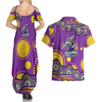 Melbourne Storm Couples Matching Summer Maxi Dress and Hawaiian Shirt Aboriginal Dot Pattern - Rugby Mascot Heritage Pride