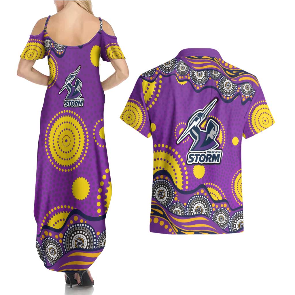 Melbourne Storm Couples Matching Summer Maxi Dress and Hawaiian Shirt Aboriginal Dot Pattern - Rugby Mascot Heritage Pride