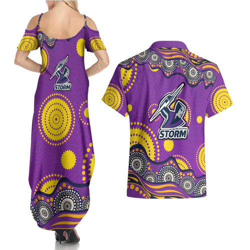 Melbourne Storm Couples Matching Summer Maxi Dress and Hawaiian Shirt Aboriginal Dot Pattern - Rugby Mascot Heritage Pride