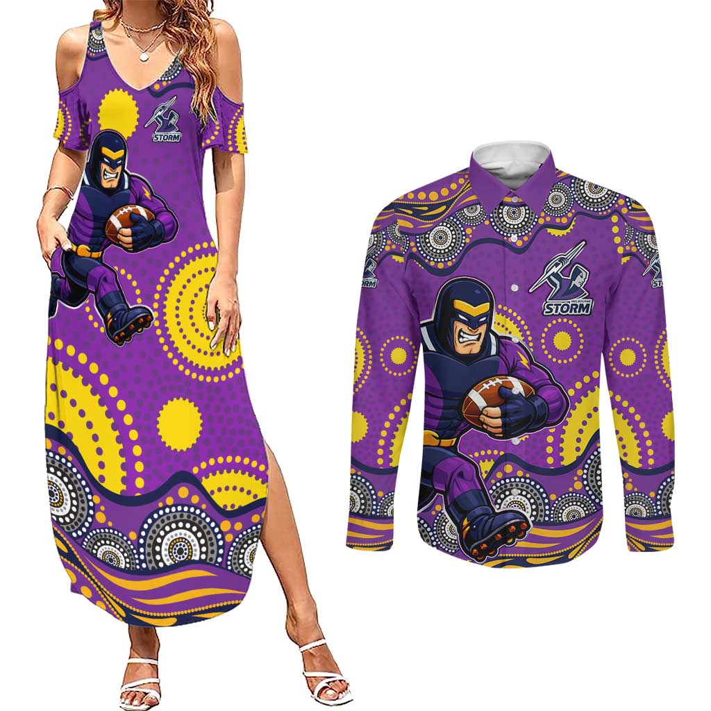 Melbourne Storm Couples Matching Summer Maxi Dress and Long Sleeve Button Shirt Aboriginal Dot Pattern - Rugby Mascot Heritage Pride