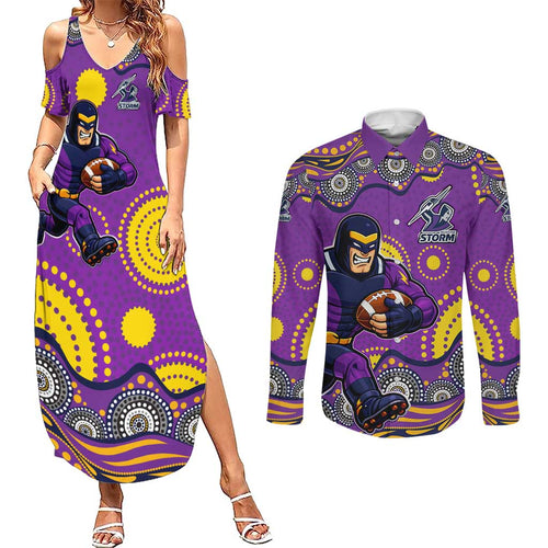 Melbourne Storm Couples Matching Summer Maxi Dress and Long Sleeve Button Shirt Aboriginal Dot Pattern - Rugby Mascot Heritage Pride