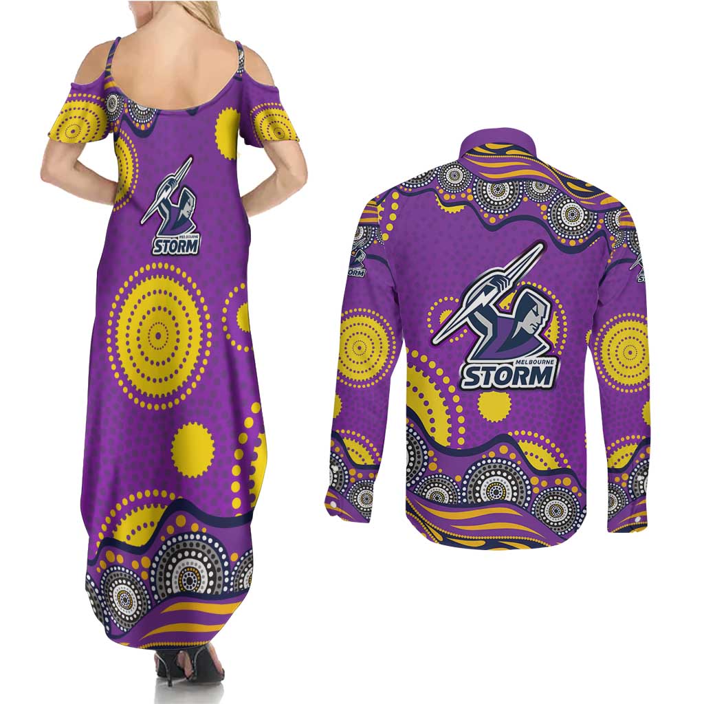 Melbourne Storm Couples Matching Summer Maxi Dress and Long Sleeve Button Shirt Aboriginal Dot Pattern - Rugby Mascot Heritage Pride