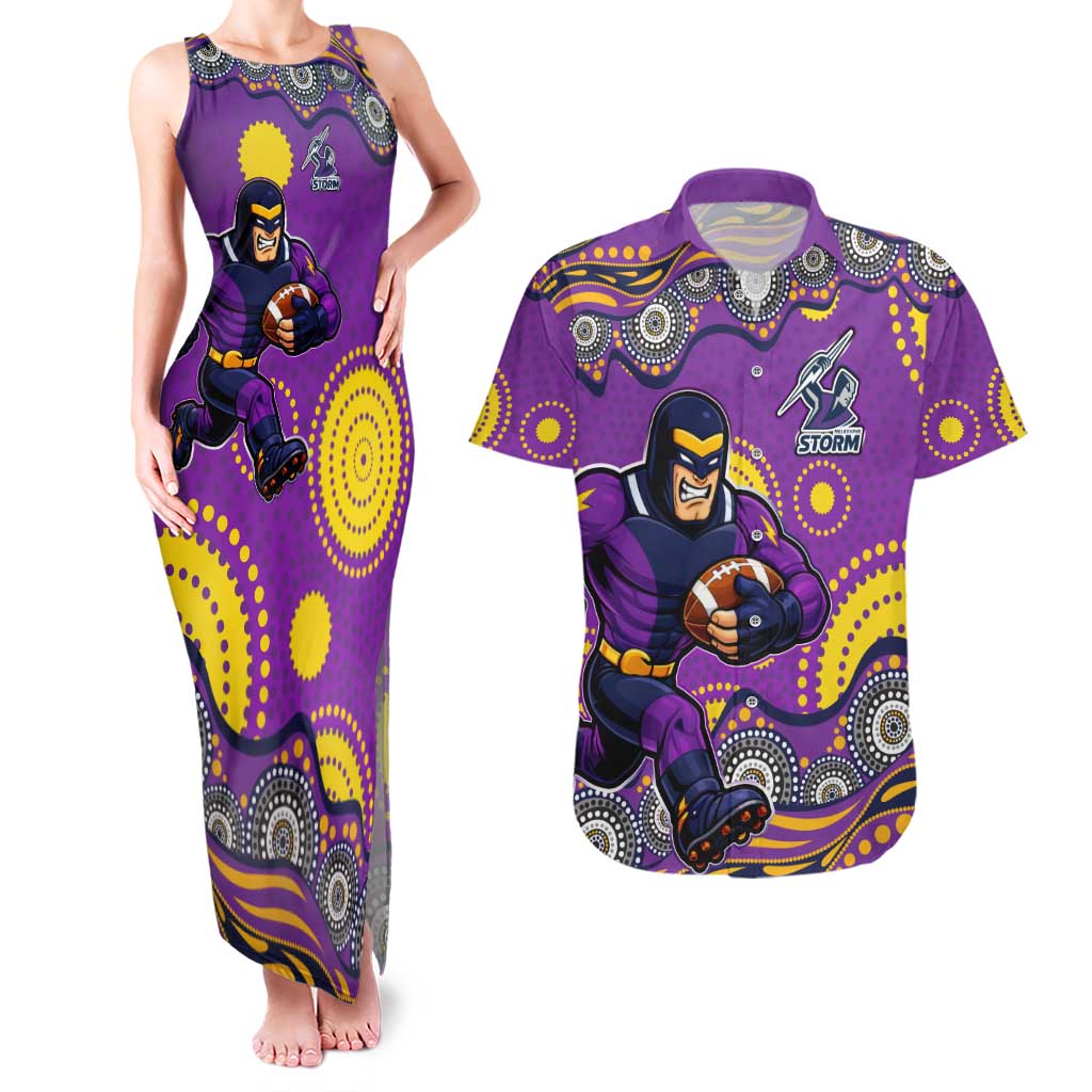 Melbourne Storm Couples Matching Tank Maxi Dress and Hawaiian Shirt Aboriginal Dot Pattern - Rugby Mascot Heritage Pride