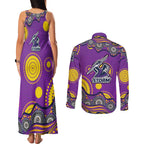Melbourne Storm Couples Matching Tank Maxi Dress and Long Sleeve Button Shirt Aboriginal Dot Pattern - Rugby Mascot Heritage Pride