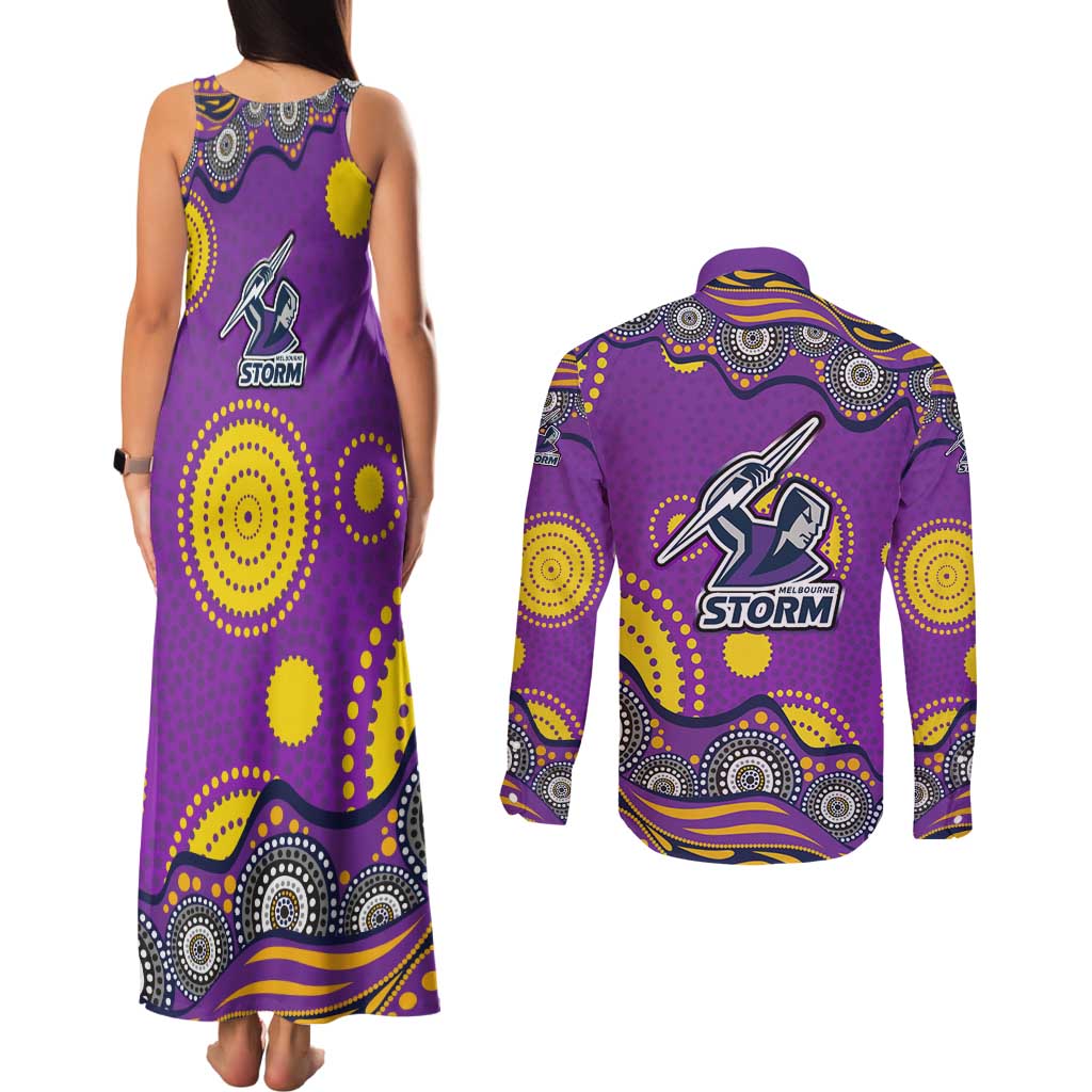 Melbourne Storm Couples Matching Tank Maxi Dress and Long Sleeve Button Shirt Aboriginal Dot Pattern - Rugby Mascot Heritage Pride
