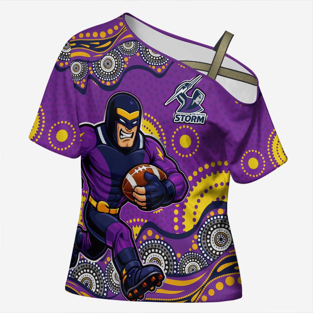 Melbourne Storm Cross Shoulder Shirt Aboriginal Dot Pattern - Rugby Mascot Heritage Pride