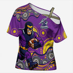 Melbourne Storm Cross Shoulder Shirt Aboriginal Dot Pattern - Rugby Mascot Heritage Pride